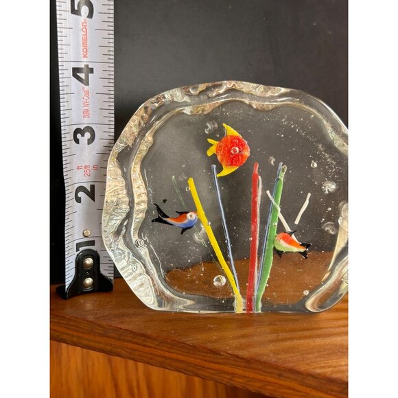 Vintage Handcrafted Glass Paperweight With Colorful Fish & Flower Scene - Picture 2 of 7